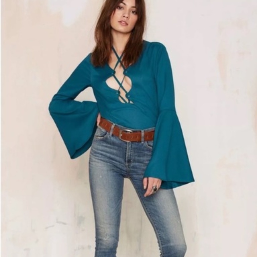 NWT Nasty Gal Plunging Lace Up Bell Sleeve Top